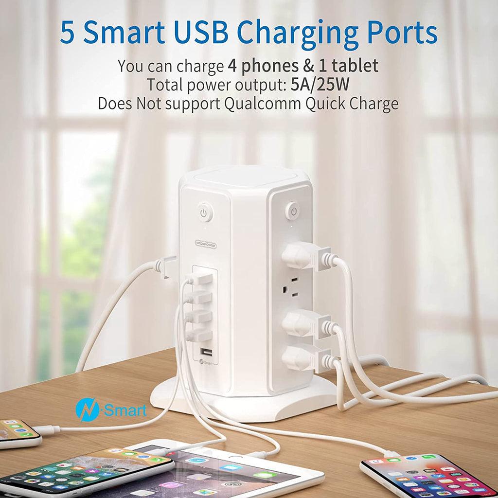 Surge Protector Power Strip Tower — 8 Outlets & 5 USB Ports, 6Ft Cord, 1080J Surge Protection 