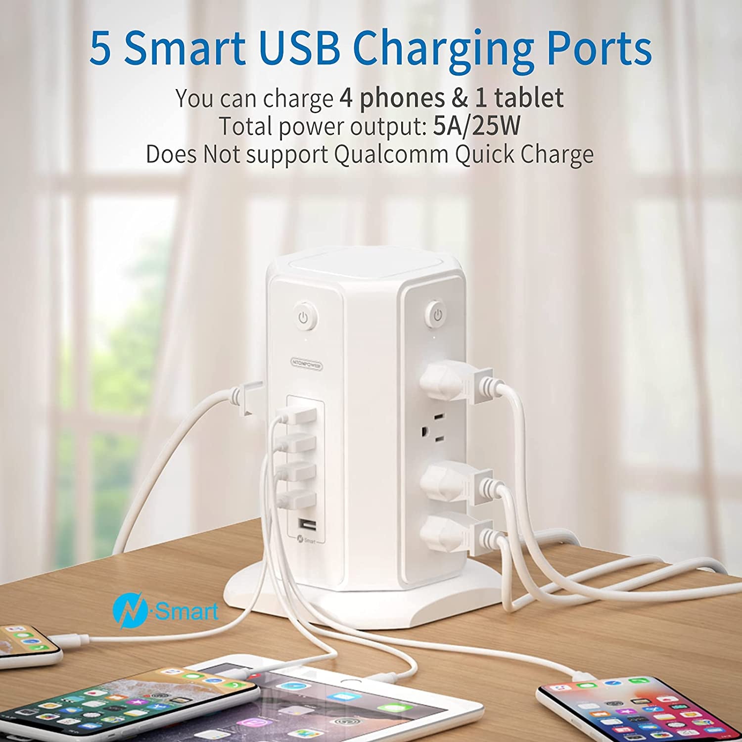 Surge Protector Power Strip Tower — 8 Outlets & 5 USB Ports, 6Ft Cord, 1080J Surge Protection 