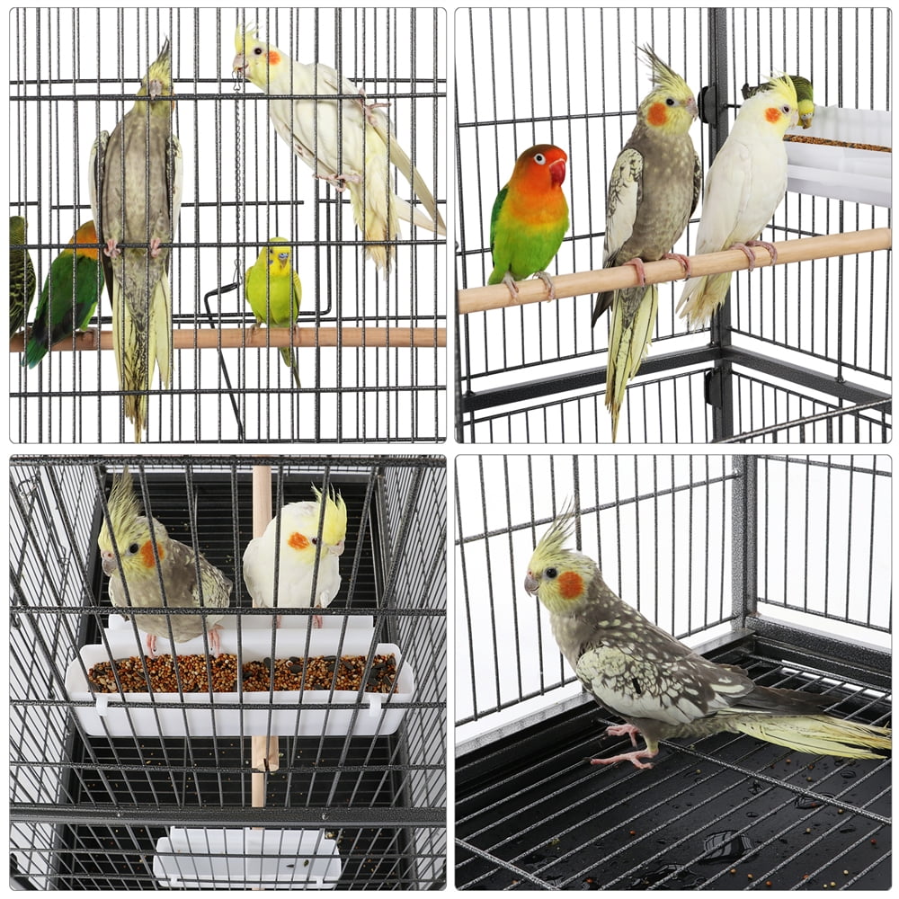 Metal 52" Large Rolling Bird Cage with 3 Perches and 4 Feeders, Black