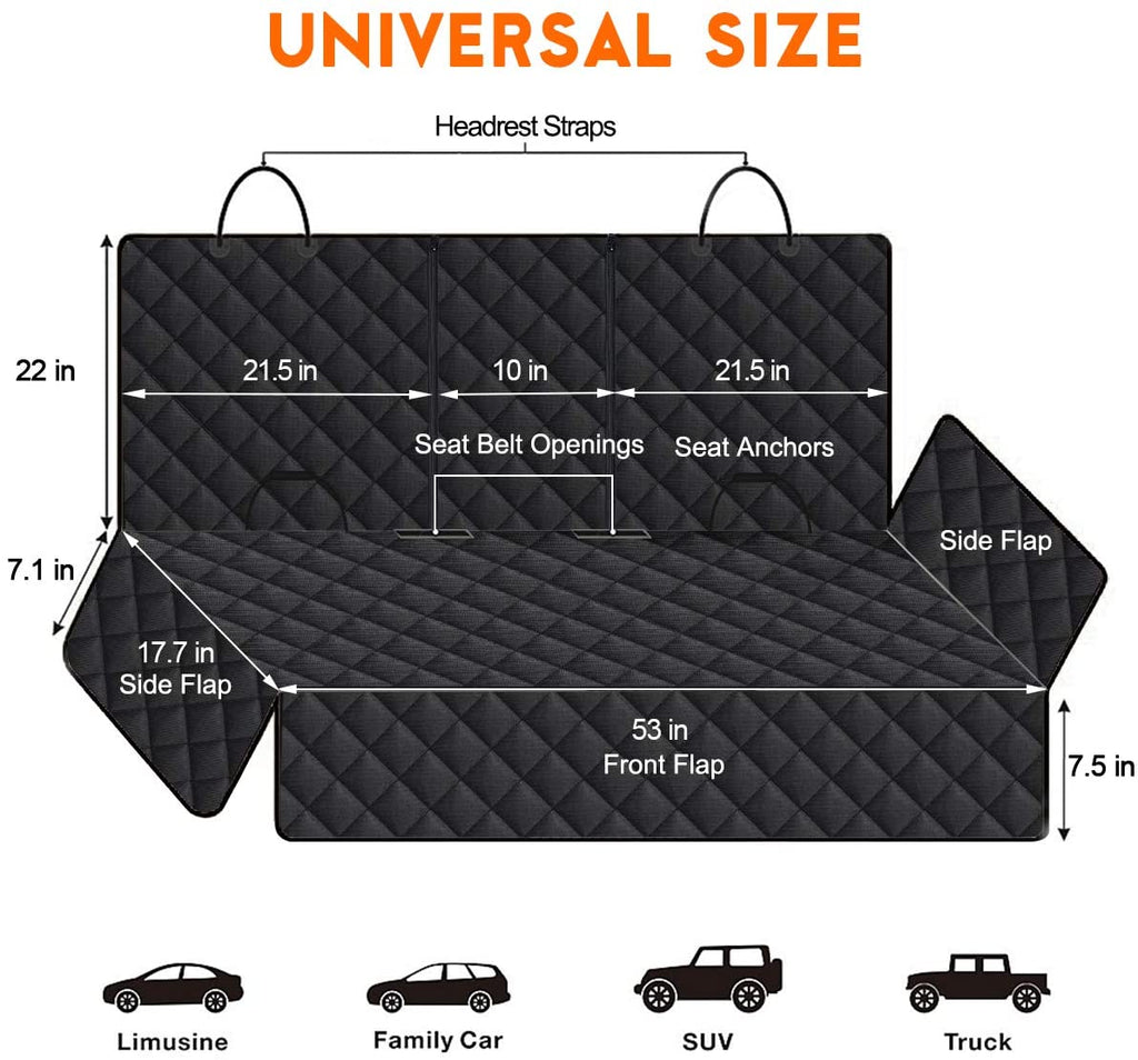 Waterproof Dog Car Seat Cover - Non-Slip Back Seat Protector for Most Cars, Trucks, and SUVs with Middle Armrest - Black