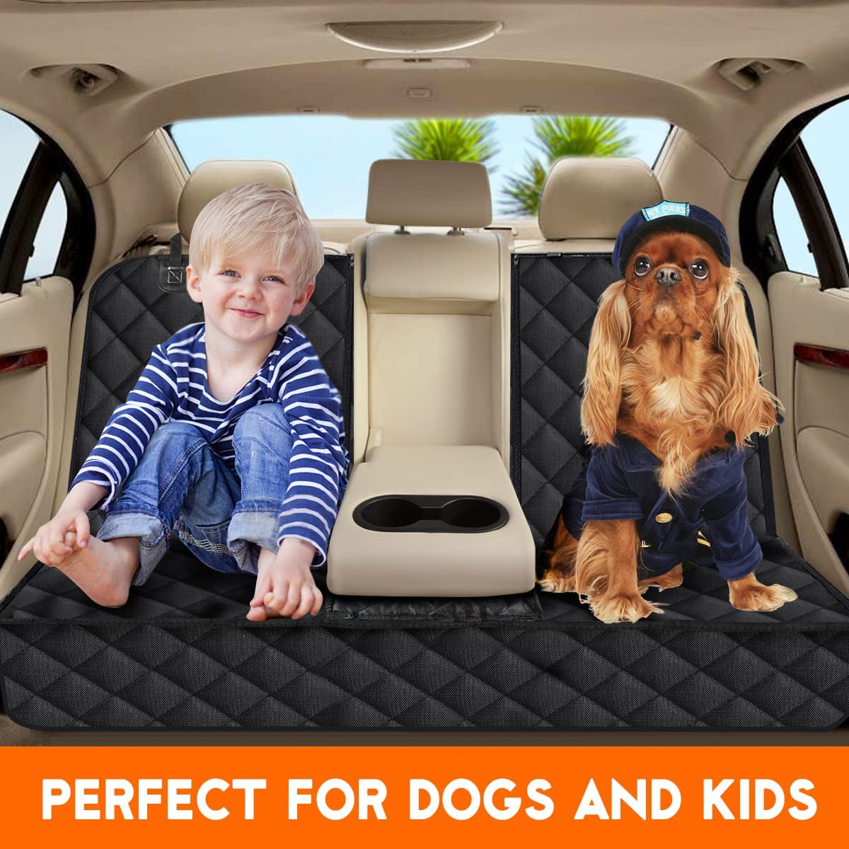 Waterproof Dog Car Seat Cover - Non-Slip Back Seat Protector for Most Cars, Trucks, and SUVs with Middle Armrest - Black