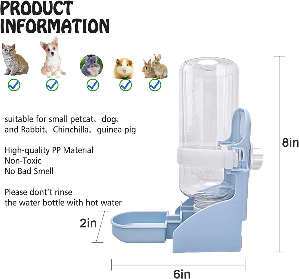 PET Feeder and Water Bottle Set, Large Blue (500Ml), Durable Hay Food Bin Feeder, Food Bowl, Gravity-Fed Water Dispenser for Rabbit, Guinea Pig, Chinchilla
