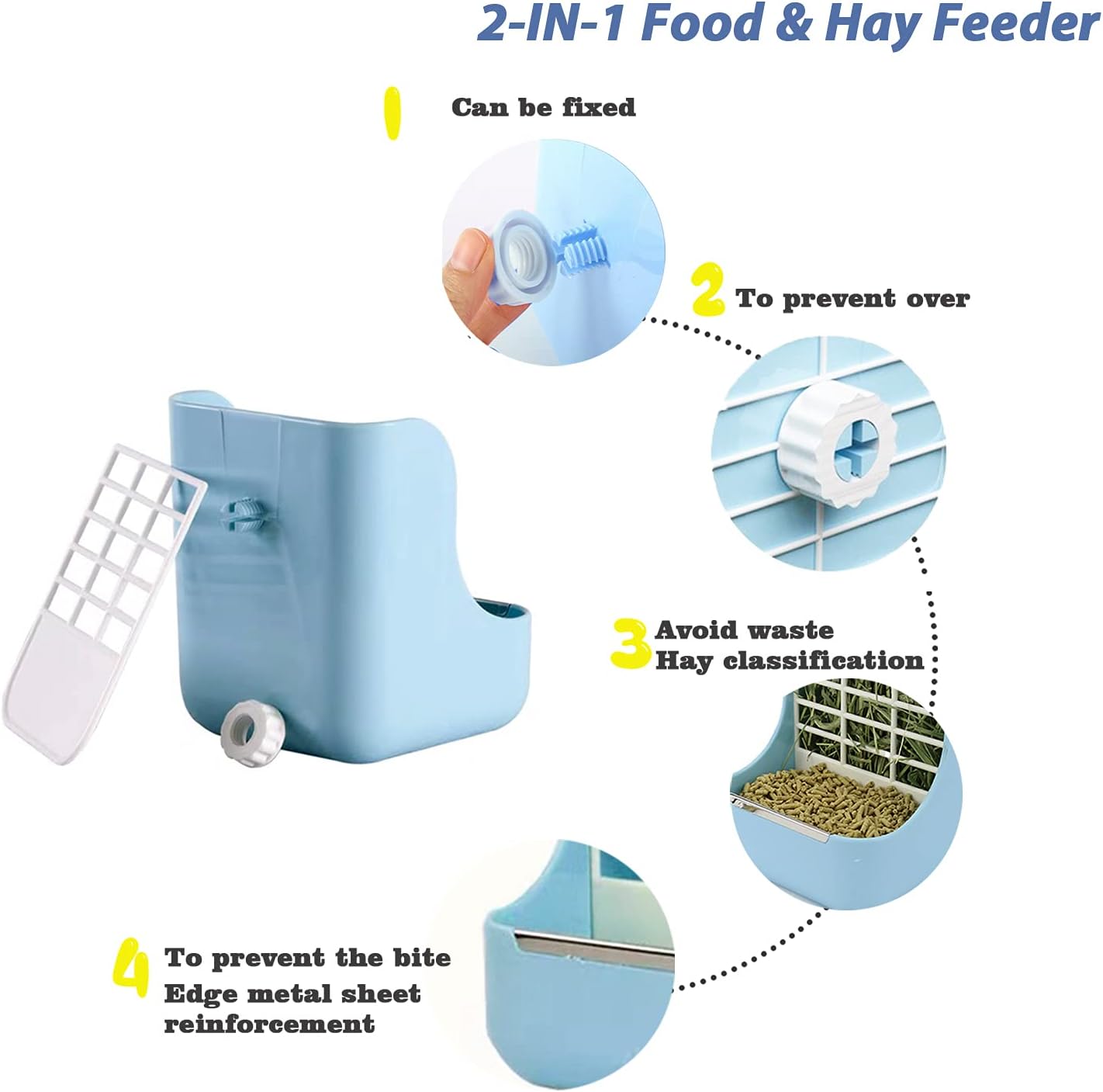 PET Feeder and Water Bottle Set, Large Blue (500Ml), Durable Hay Food Bin Feeder, Food Bowl, Gravity-Fed Water Dispenser for Rabbit, Guinea Pig, Chinchilla