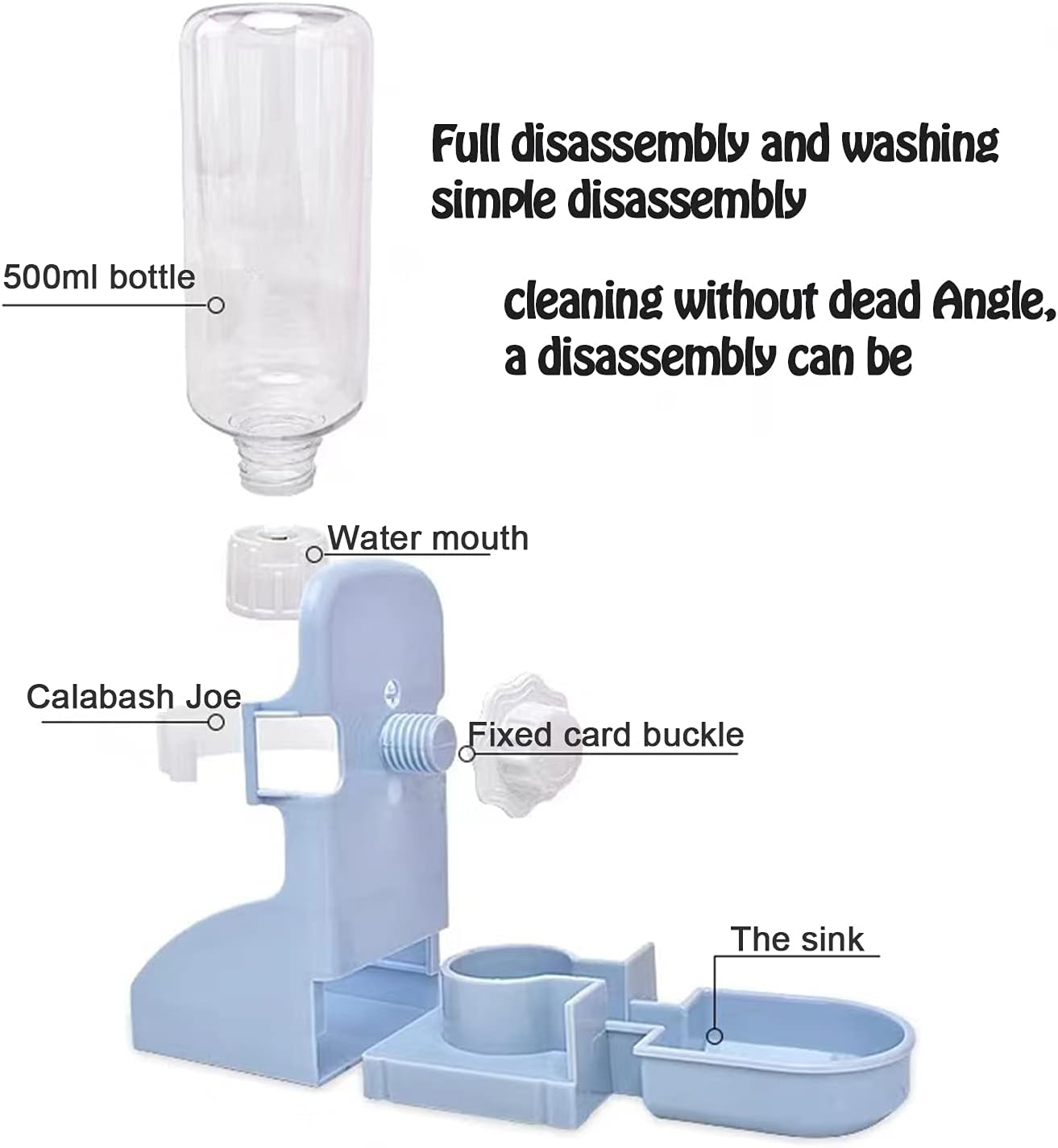 PET Feeder and Water Bottle Set, Large Blue (500Ml), Durable Hay Food Bin Feeder, Food Bowl, Gravity-Fed Water Dispenser for Rabbit, Guinea Pig, Chinchilla