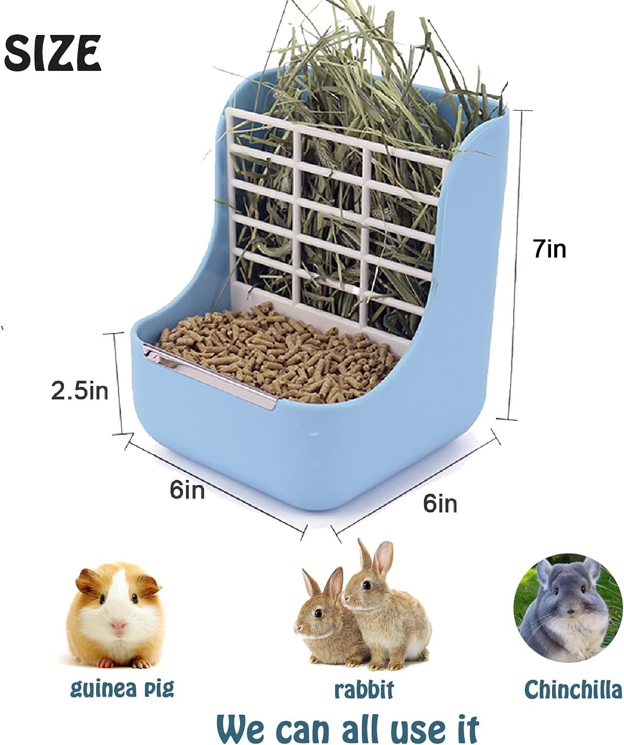 PET Feeder and Water Bottle Set, Large Blue (500Ml), Durable Hay Food Bin Feeder, Food Bowl, Gravity-Fed Water Dispenser for Rabbit, Guinea Pig, Chinchilla