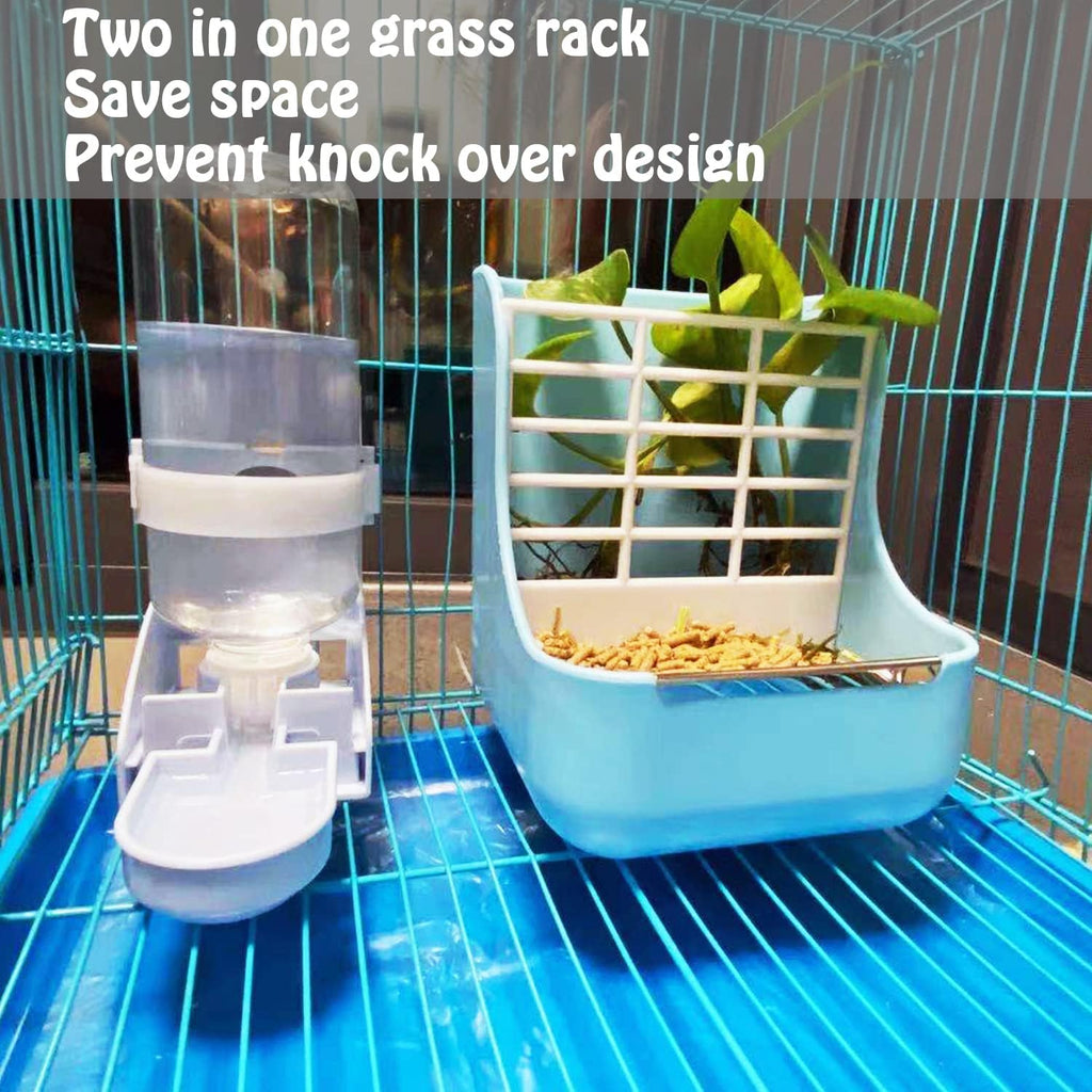 PET Feeder and Water Bottle Set, Large Blue (500Ml), Durable Hay Food Bin Feeder, Food Bowl, Gravity-Fed Water Dispenser for Rabbit, Guinea Pig, Chinchilla