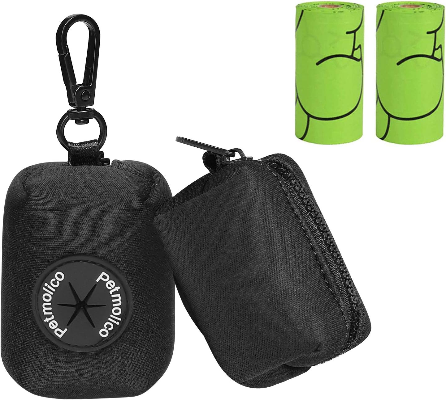 Dog Poop Bag Holder Leash Attachment, Dog Waste Bag Dispenser Zippered Pouch, Fits Any Puppy Leash, Includes Free Roll of Poop Bags, Poop Bag Dispenser - 2 Pack, Black