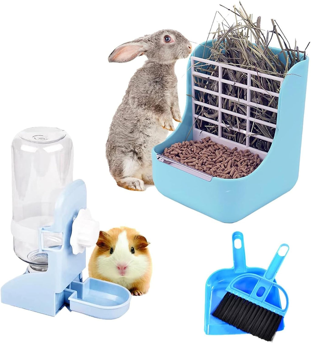 PET Feeder and Water Bottle Set, Large Blue (500Ml), Durable Hay Food Bin Feeder, Food Bowl, Gravity-Fed Water Dispenser for Rabbit, Guinea Pig, Chinchilla