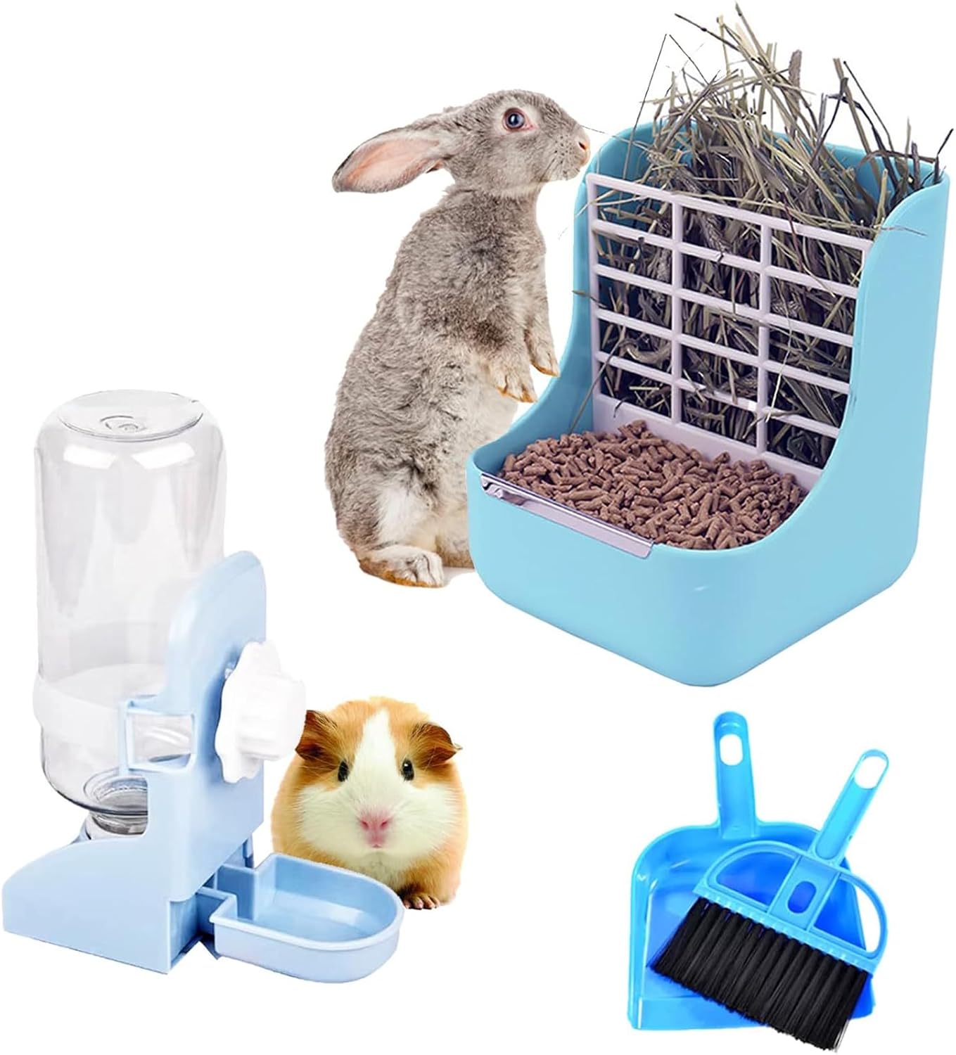 PET Feeder and Water Bottle Set, Large Blue (500Ml), Durable Hay Food Bin Feeder, Food Bowl, Gravity-Fed Water Dispenser for Rabbit, Guinea Pig, Chinchilla