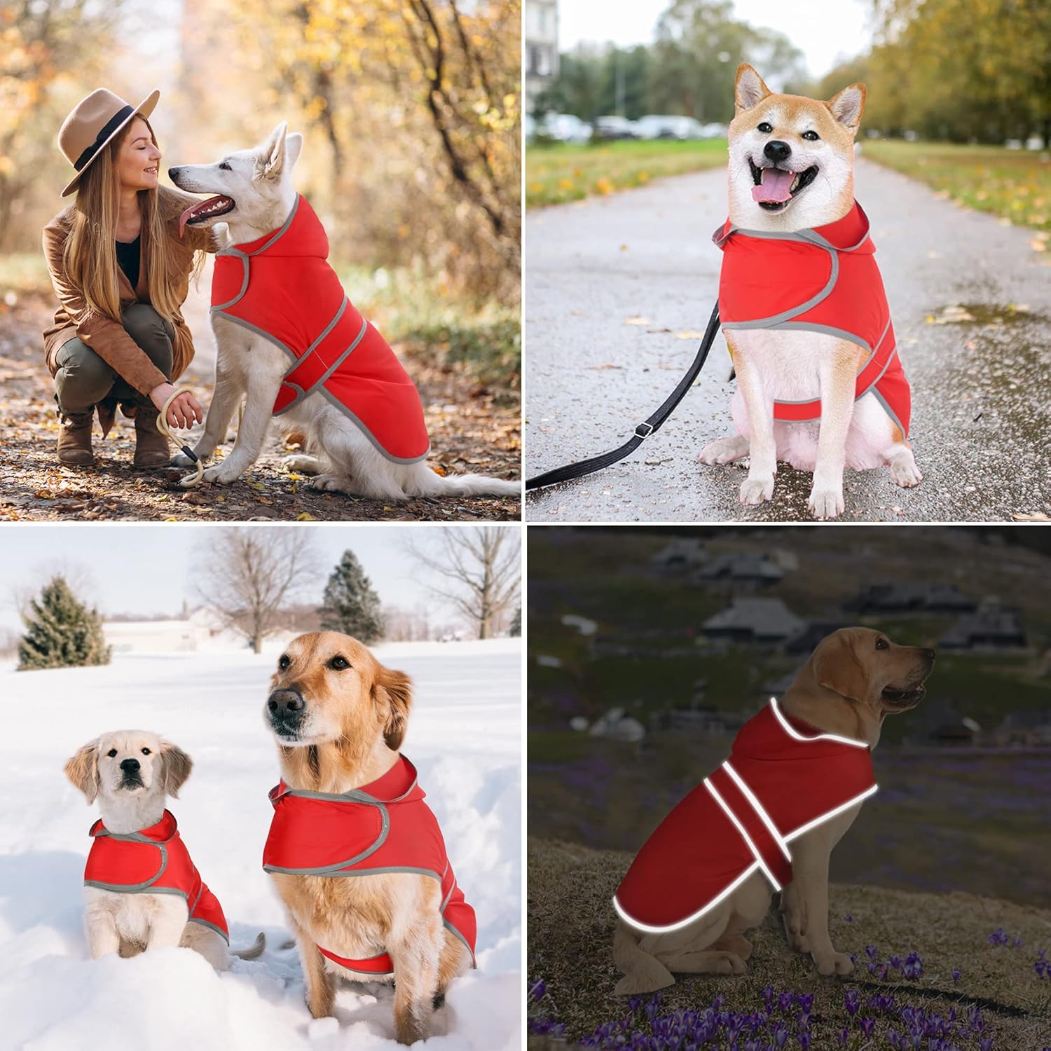 Dog Raincoat for Large Dogs Waterproof Jacket Hooded Rain Coats with Reflective Strips Leash Hole & Poncho Adjustable Fit (Red,L)