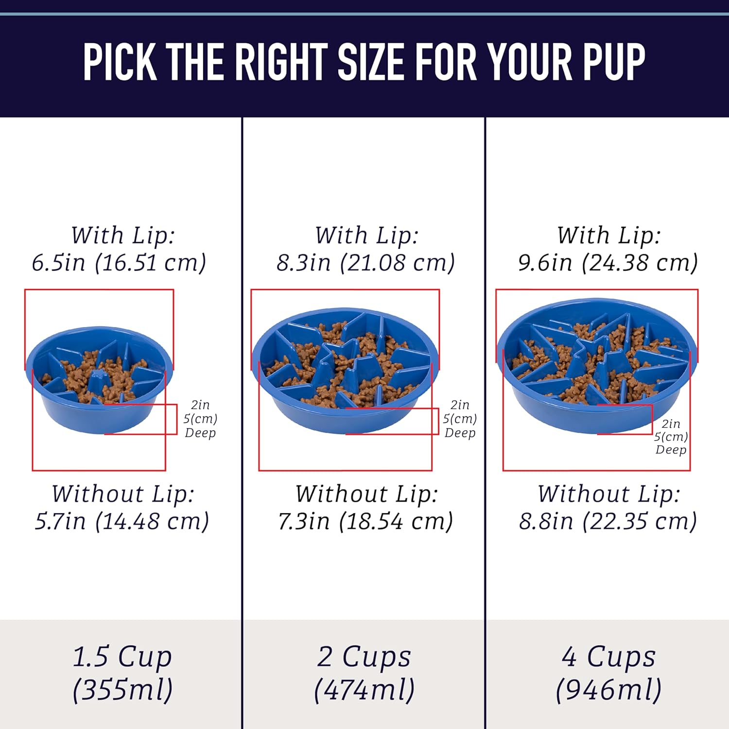 Slow Feeder Dog Bowls (2 Cup) Puzzle Dog Food Bowl - Fits into Elevated Pet Feeders - Slow Eating for Large, Medium & Small Sized Breeds - Gray