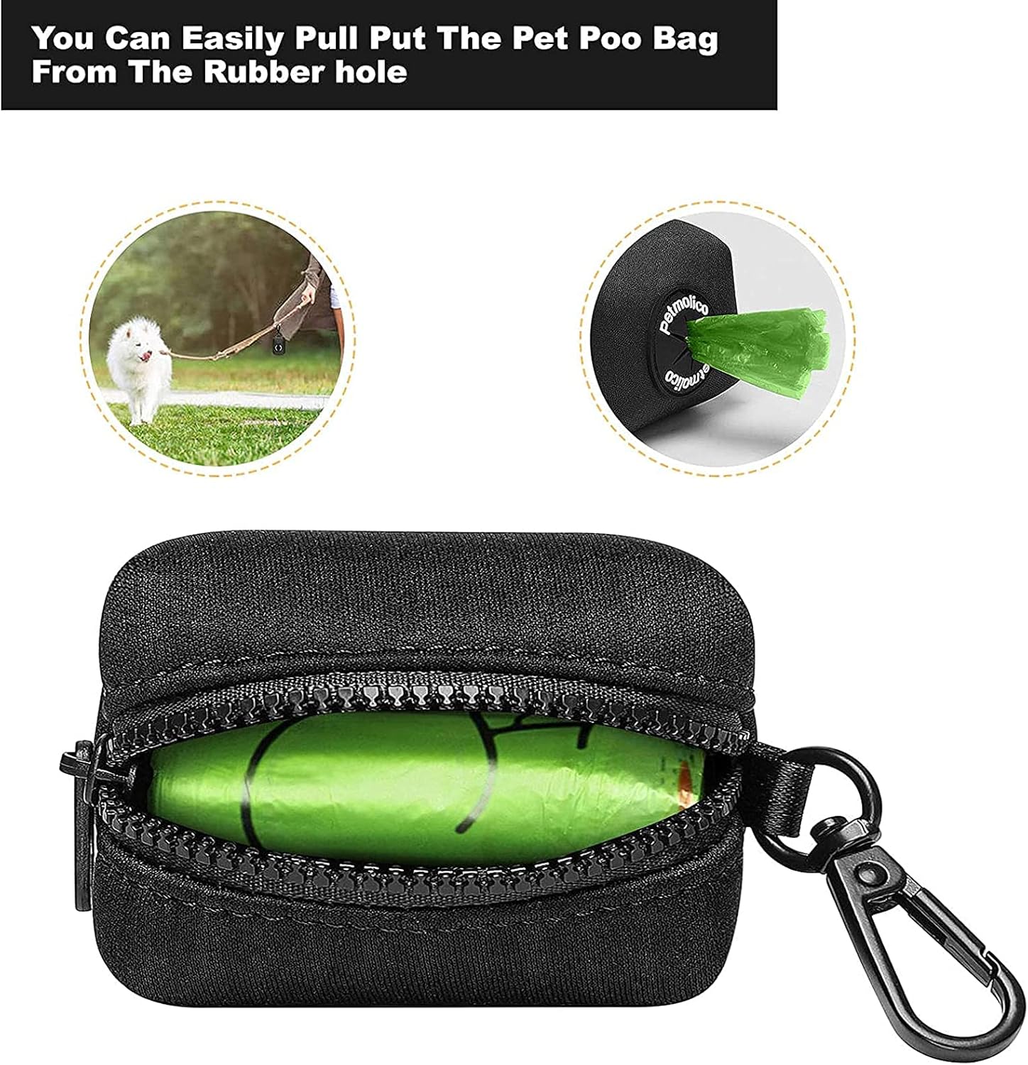 Dog Poop Bag Holder Leash Attachment, Dog Waste Bag Dispenser Zippered Pouch, Fits Any Puppy Leash, Includes Free Roll of Poop Bags, Poop Bag Dispenser - 2 Pack, Black
