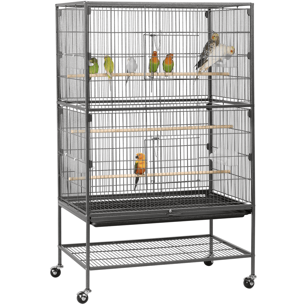 Metal 52" Large Rolling Bird Cage with 3 Perches and 4 Feeders, Black