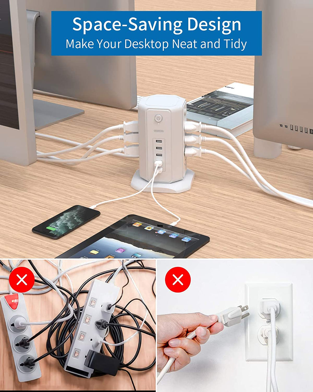 Surge Protector Power Strip Tower — 8 Outlets & 5 USB Ports, 6Ft Cord, 1080J Surge Protection 