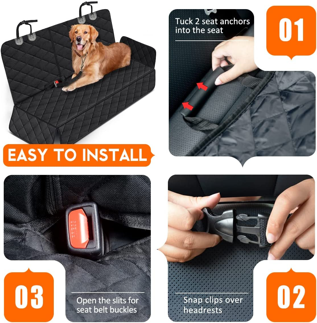 Waterproof Dog Car Seat Cover - Non-Slip Back Seat Protector for Most Cars, Trucks, and SUVs with Middle Armrest - Black