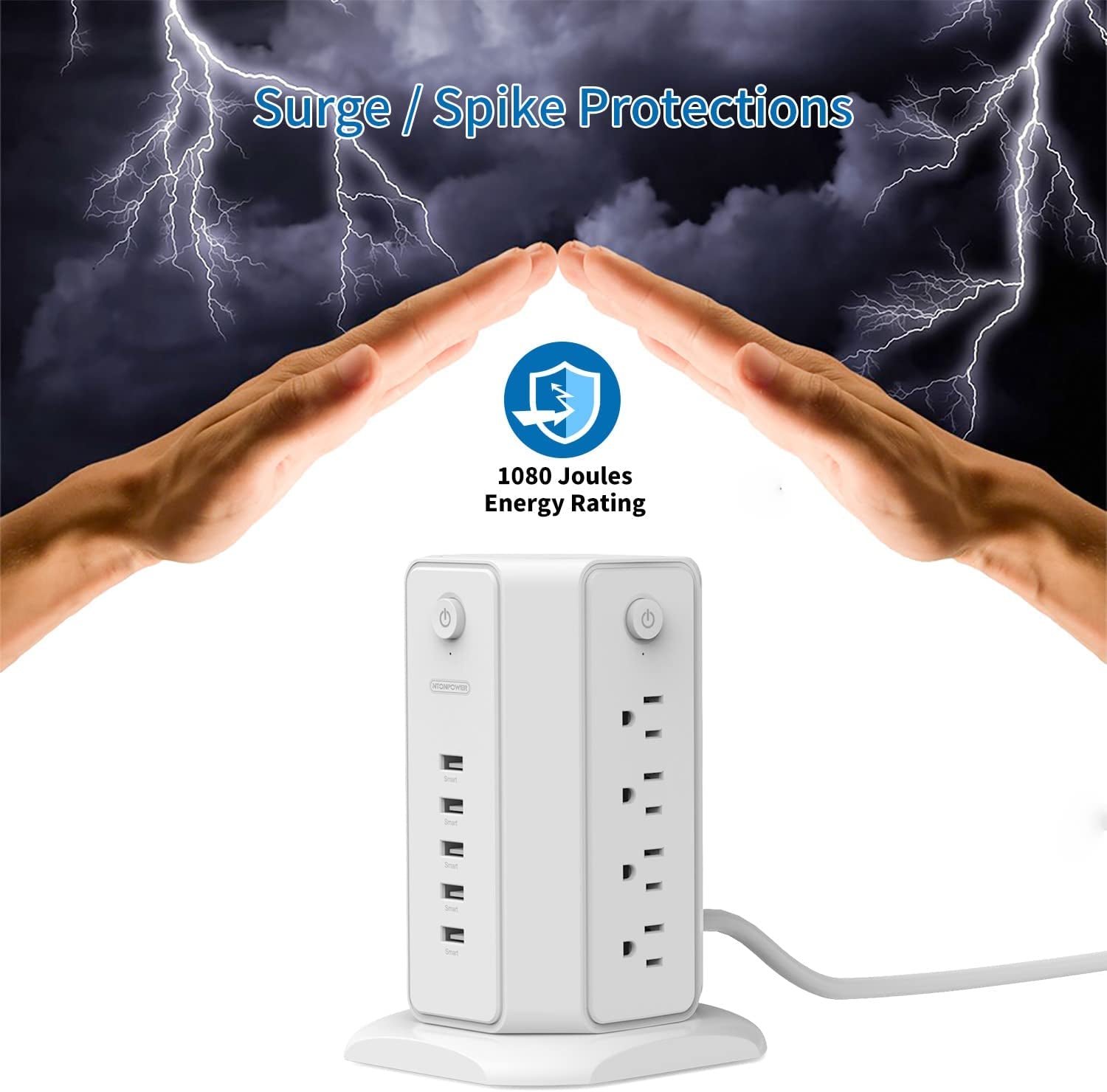 Surge Protector Power Strip Tower — 8 Outlets & 5 USB Ports, 6Ft Cord, 1080J Surge Protection 