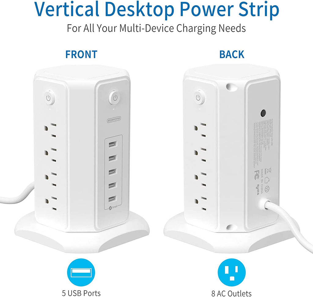 Surge Protector Power Strip Tower — 8 Outlets & 5 USB Ports, 6Ft Cord, 1080J Surge Protection 