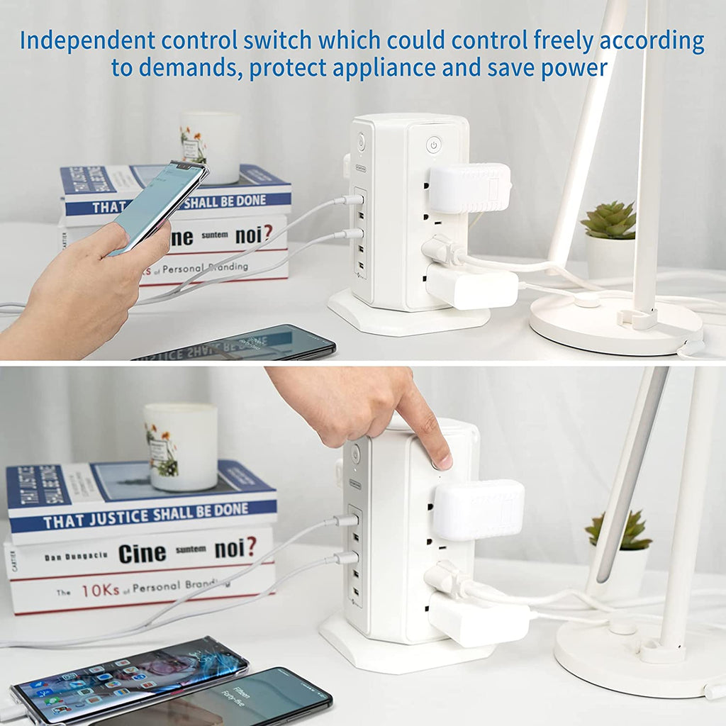 Surge Protector Power Strip Tower — 8 Outlets & 5 USB Ports, 6Ft Cord, 1080J Surge Protection 
