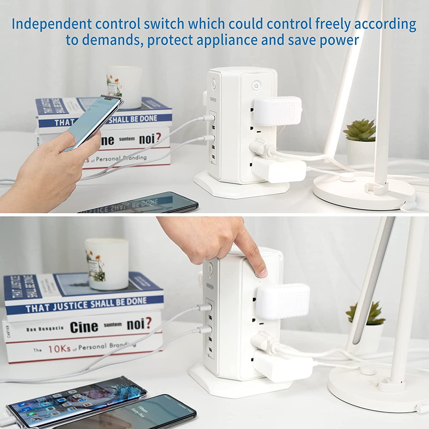 Surge Protector Power Strip Tower — 8 Outlets & 5 USB Ports, 6Ft Cord, 1080J Surge Protection 