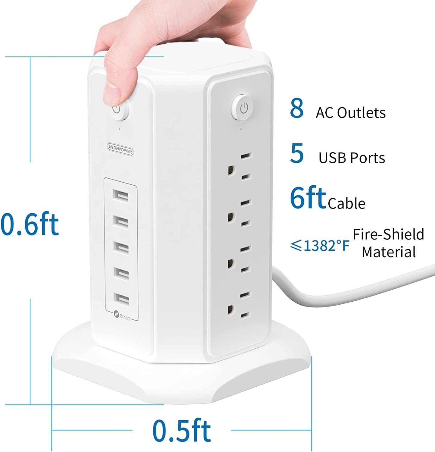 Surge Protector Power Strip Tower — 8 Outlets & 5 USB Ports, 6Ft Cord, 1080J Surge Protection 