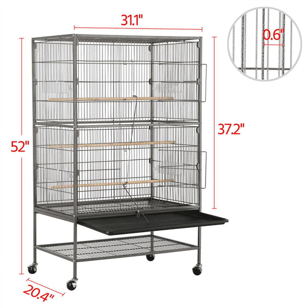 Metal 52" Large Rolling Bird Cage with 3 Perches and 4 Feeders, Black